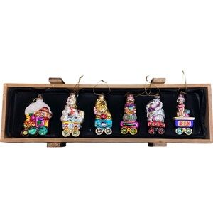 2004 Thomas Pacconi Circus Train Set of 6 Hand Blown Glass Ornaments Wood Crate